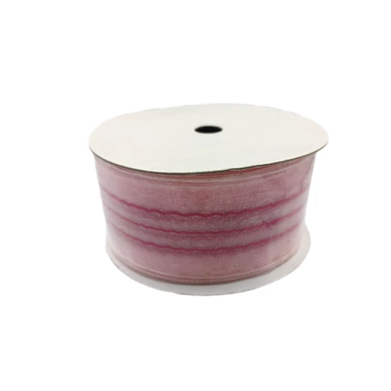 Organza szalag 38 mm, hímzett rózsaszín
