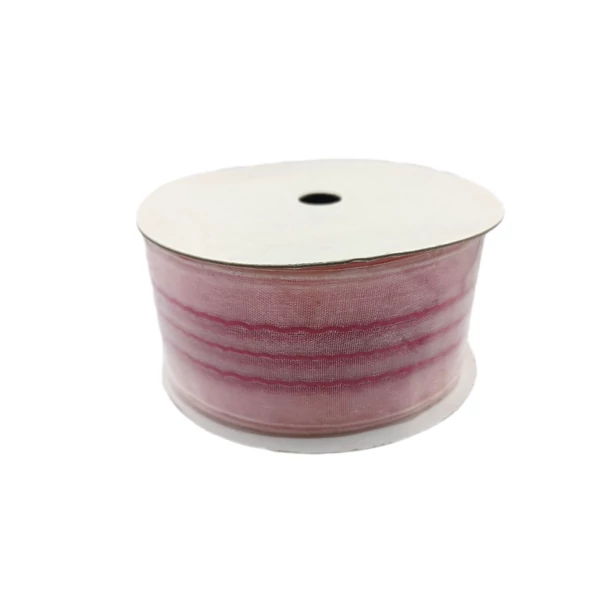 Organza szalag 38 mm, hímzett rózsaszín