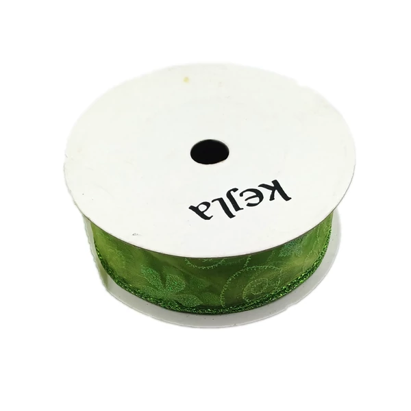 Organza szalag 4 cm, mintás zöld